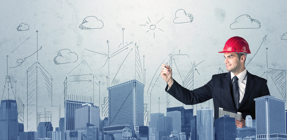 A young architect planning and drawing a happy city sight with blue skyscrapers, sun, clouds