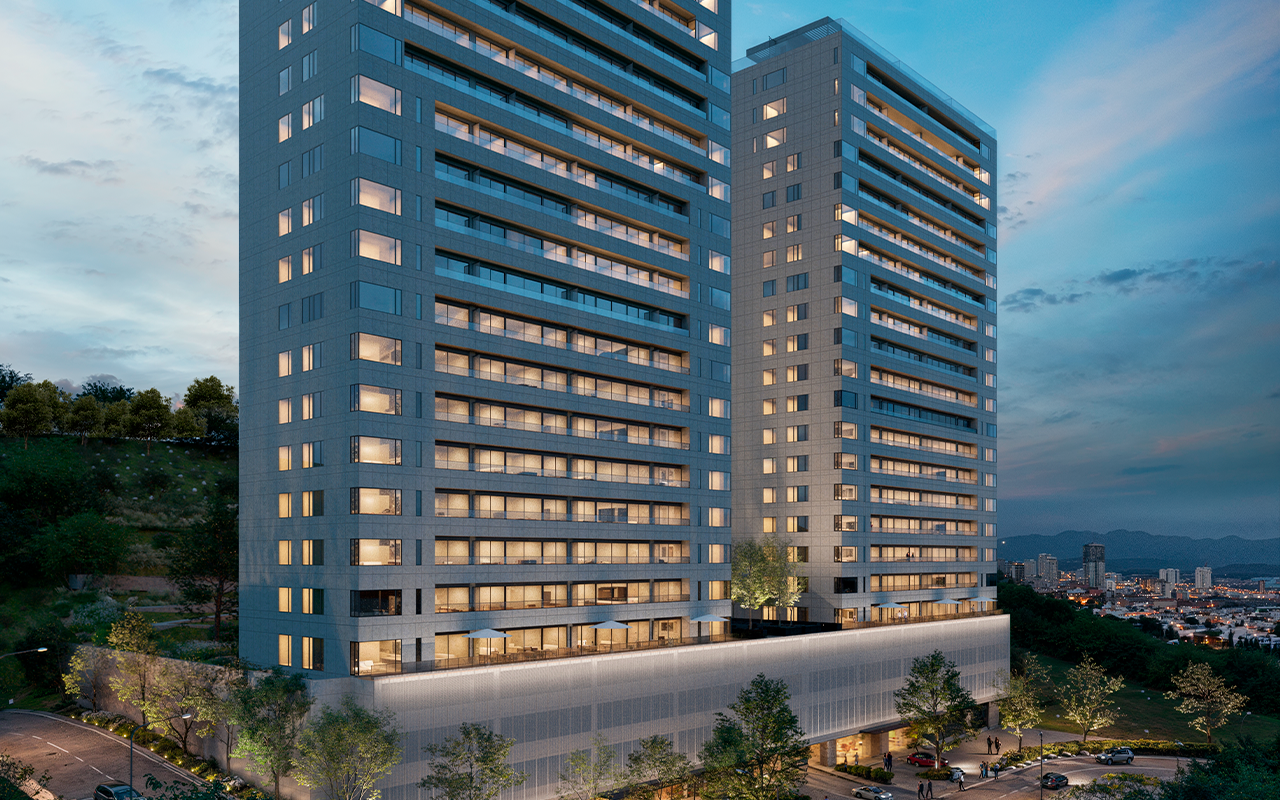 Render exterior oficial de OAK at The Park.